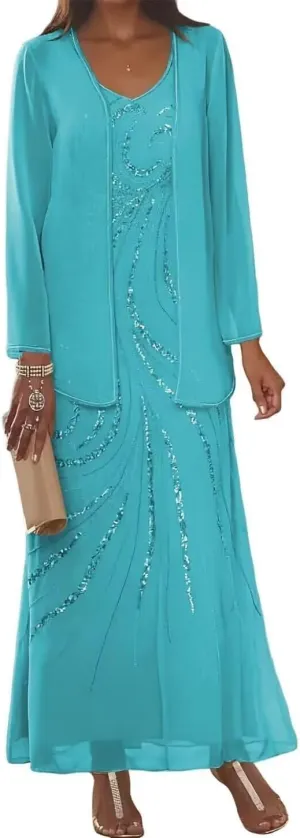 2 Piece Mother of The Bride Dresses for Wedding Women's Sequin Chiffon Formal Evening Dress with Jacket MDB003