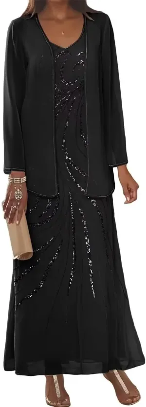 2 Piece Mother of The Bride Dresses for Wedding Women's Sequin Chiffon Formal Evening Dress with Jacket MDB003