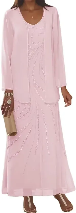 2 Piece Mother of The Bride Dresses for Wedding Women's Sequin Chiffon Formal Evening Dress with Jacket MDB003