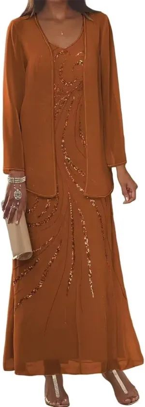 2 Piece Mother of The Bride Dresses for Wedding Women's Sequin Chiffon Formal Evening Dress with Jacket MDB003