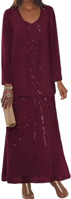2 Piece Mother of The Bride Dresses for Wedding Women's Sequin Chiffon Formal Evening Dress with Jacket MDB003