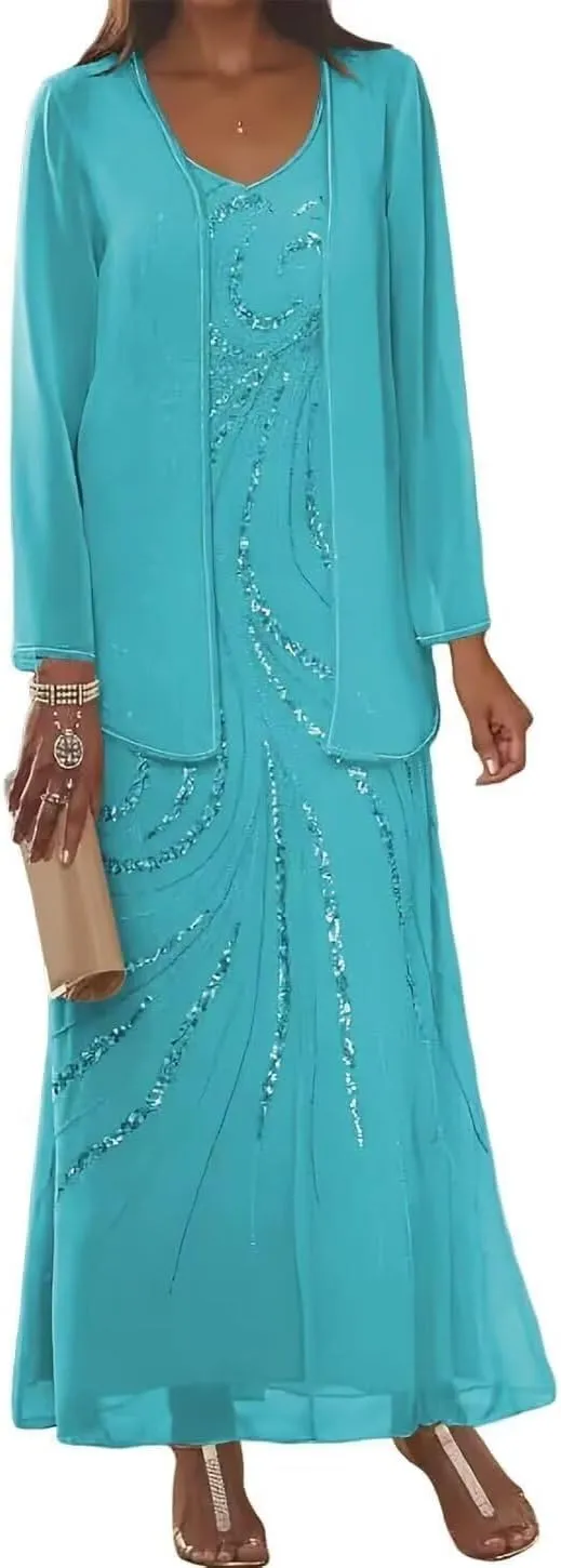 2 Piece Mother of The Bride Dresses for Wedding Women's Sequin Chiffon Formal Evening Dress with Jacket MDB003