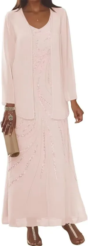 2 Piece Mother of The Bride Dresses for Wedding Women's Sequin Chiffon Formal Evening Dress with Jacket MDB003