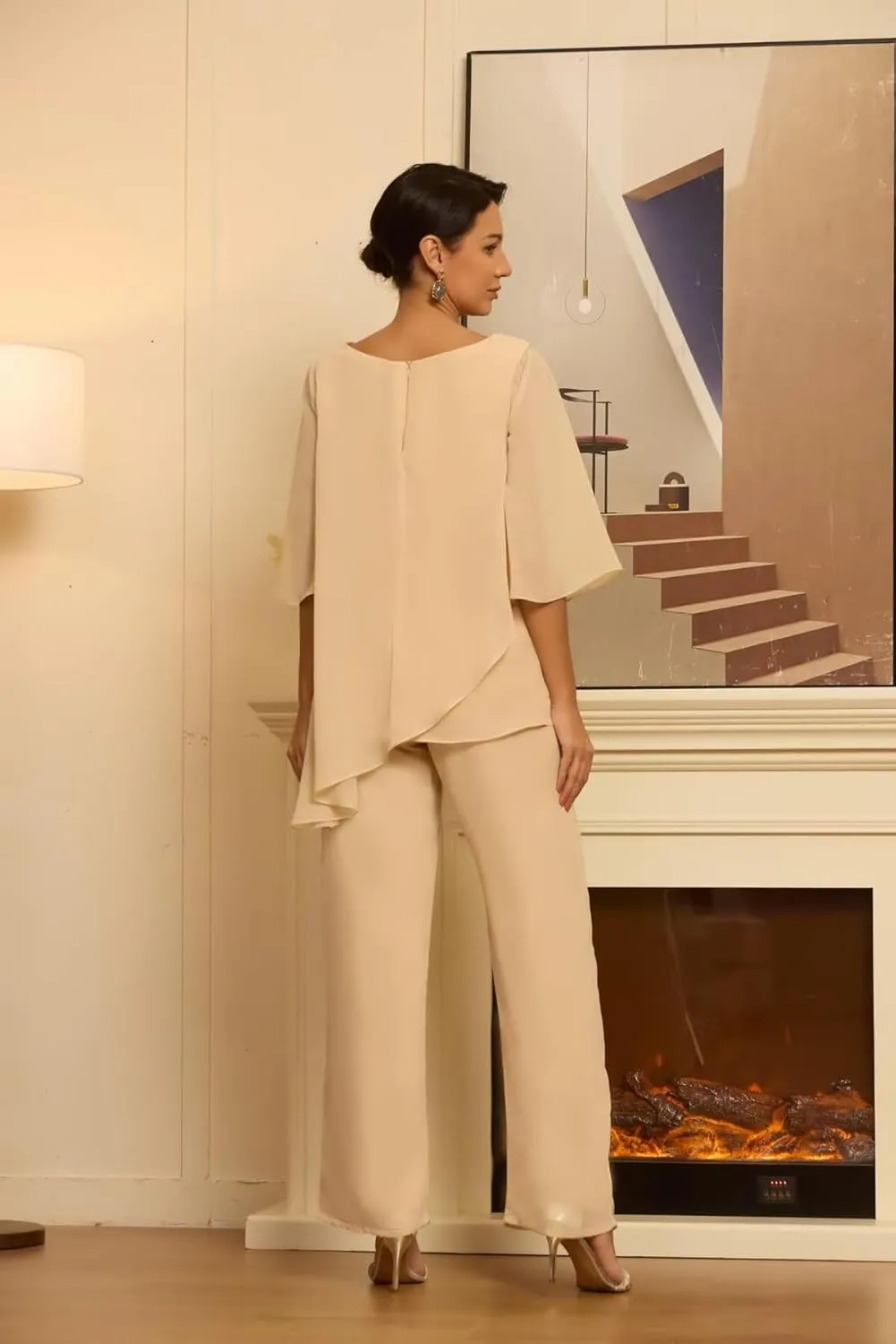 2 Piece Mother of The Bride Pant Suits for Wedding Short Sleeves Chiffon Grandmother of The Groom Outfits PS001