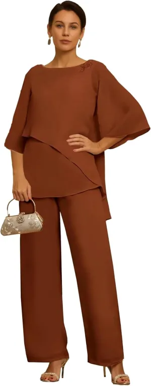 2 Piece Mother of The Bride Pant Suits for Wedding Short Sleeves Chiffon Grandmother of The Groom Outfits PS001