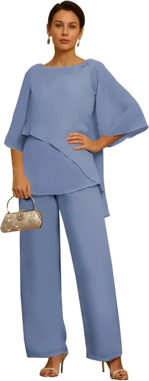2 Piece Mother of The Bride Pant Suits for Wedding Short Sleeves Chiffon Grandmother of The Groom Outfits PS001