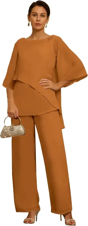 2 Piece Mother of The Bride Pant Suits for Wedding Short Sleeves Chiffon Grandmother of The Groom Outfits PS001