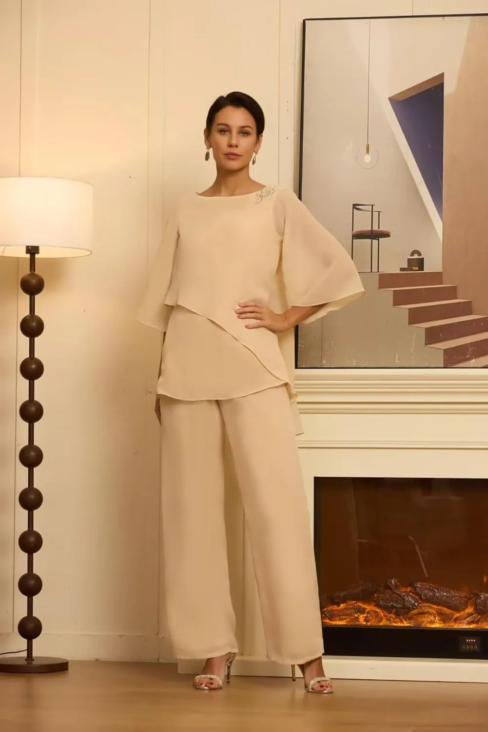 2 Piece Mother of The Bride Pant Suits for Wedding Short Sleeves Chiffon Grandmother of The Groom Outfits PS001