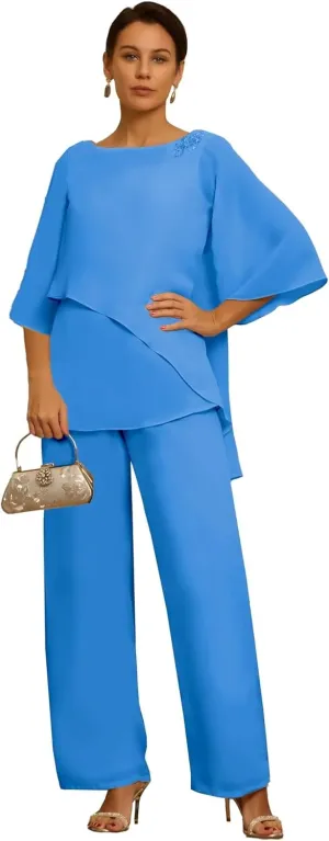 2 Piece Mother of The Bride Pant Suits for Wedding Short Sleeves Chiffon Grandmother of The Groom Outfits PS001