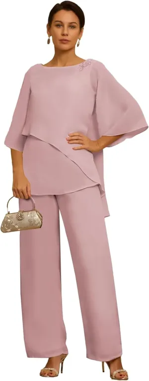 2 Piece Mother of The Bride Pant Suits for Wedding Short Sleeves Chiffon Grandmother of The Groom Outfits PS001