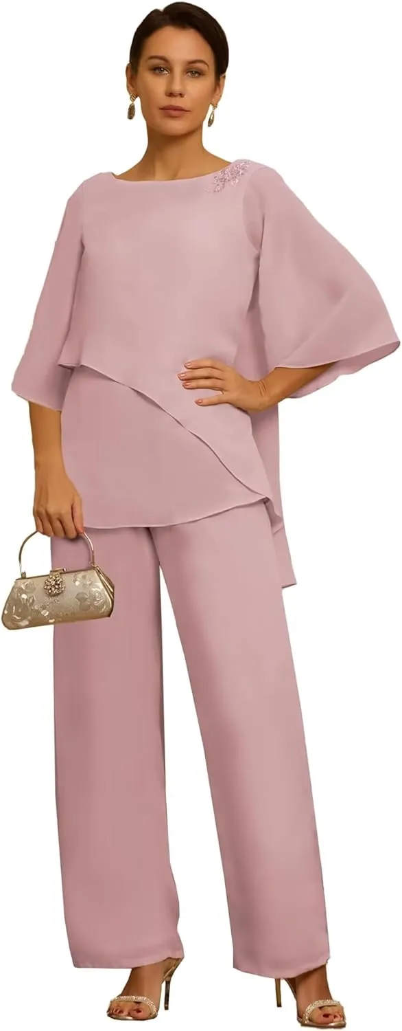 2 Piece Mother of The Bride Pant Suits for Wedding Short Sleeves Chiffon Grandmother of The Groom Outfits PS001