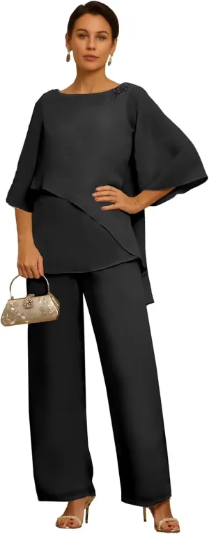 2 Piece Mother of The Bride Pant Suits for Wedding Short Sleeves Chiffon Grandmother of The Groom Outfits PS001