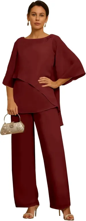 2 Piece Mother of The Bride Pant Suits for Wedding Short Sleeves Chiffon Grandmother of The Groom Outfits PS001