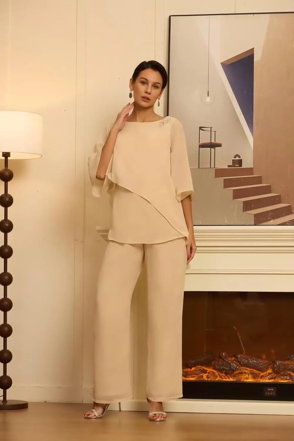 2 Piece Mother of The Bride Pant Suits for Wedding Short Sleeves Chiffon Grandmother of The Groom Outfits PS001