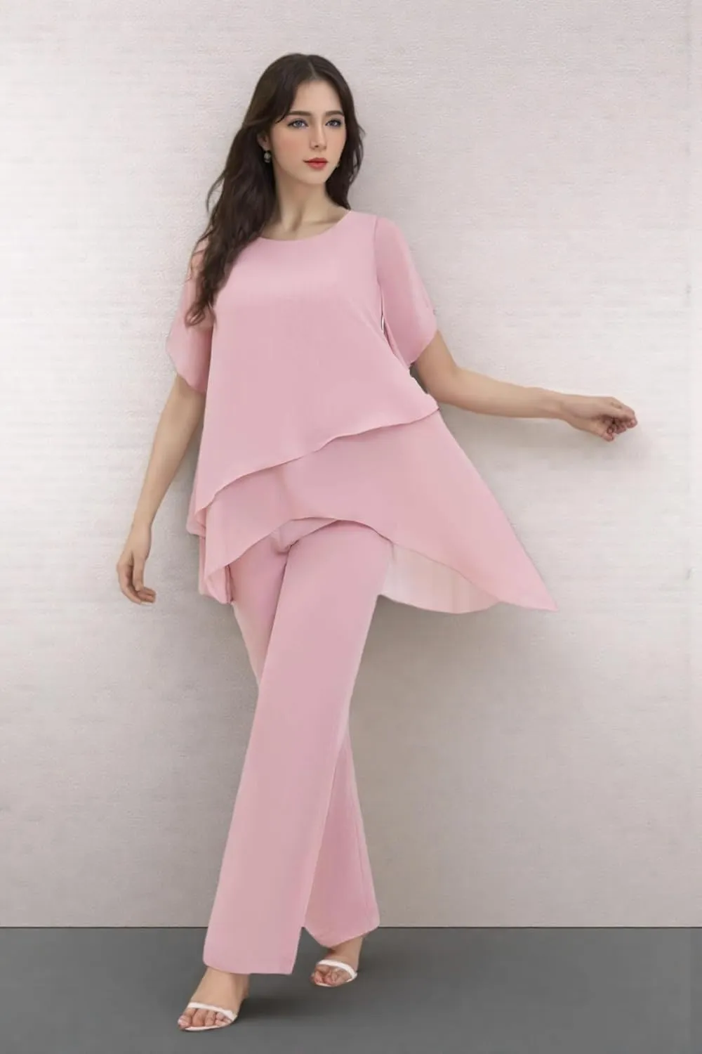 2 Pieces Women's Mother of The Bride Pant Suits for Wedding Chiffon Sets Short Sleeve Formal PS018
