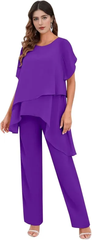 2 Pieces Women's Mother of The Bride Pant Suits for Wedding Chiffon Sets Short Sleeve Formal PS018