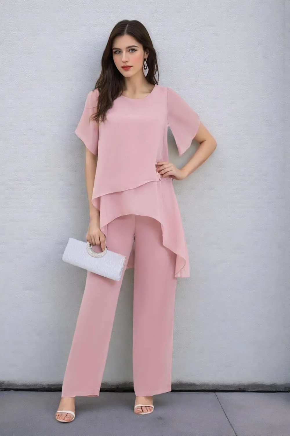 2 Pieces Women's Mother of The Bride Pant Suits for Wedding Chiffon Sets Short Sleeve Formal PS018