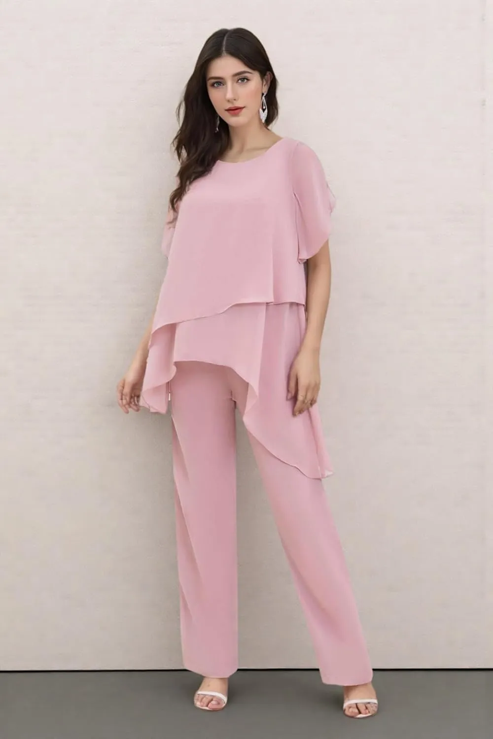 2 Pieces Women's Mother of The Bride Pant Suits for Wedding Chiffon Sets Short Sleeve Formal PS018