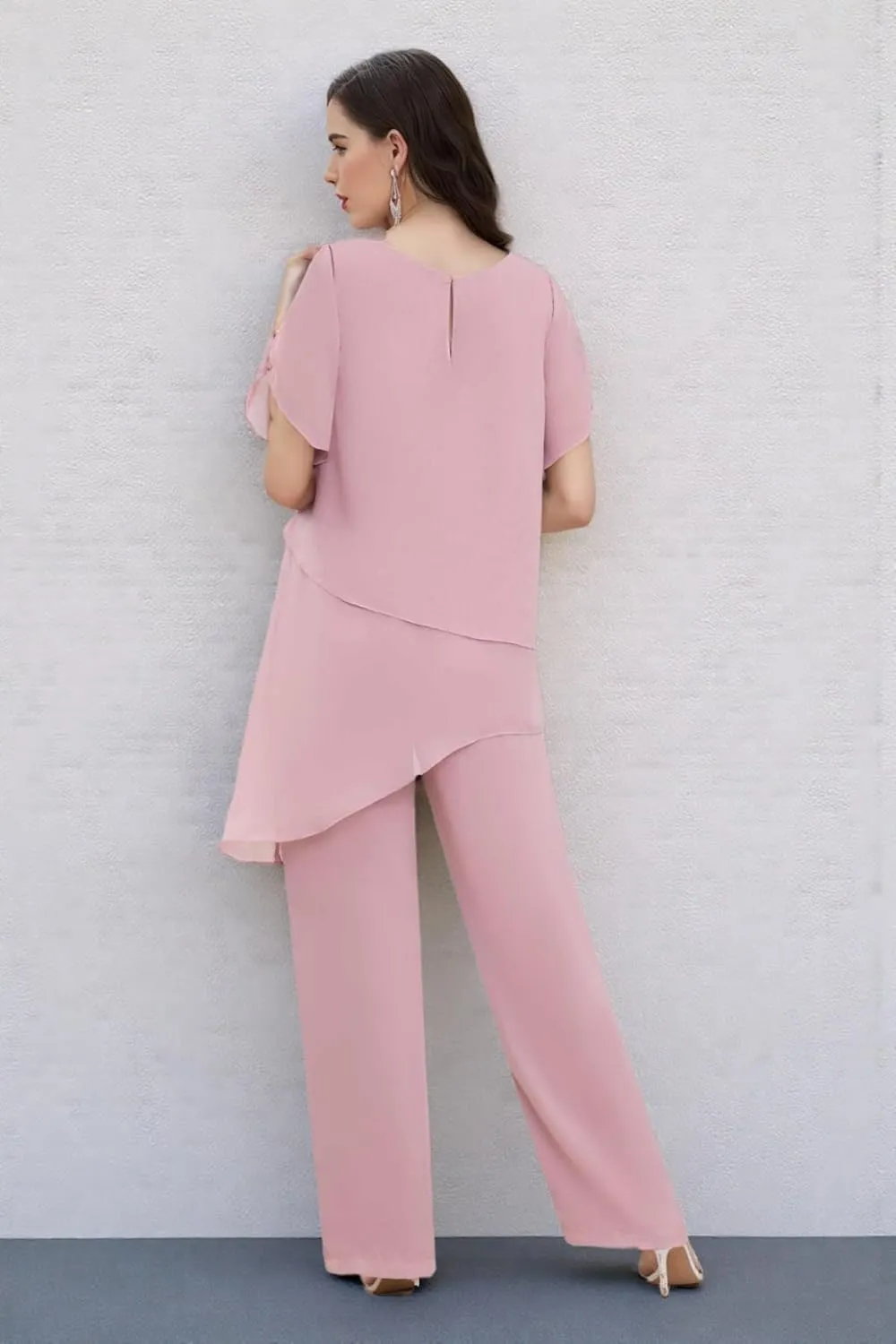 2 Pieces Women's Mother of The Bride Pant Suits for Wedding Chiffon Sets Short Sleeve Formal PS018