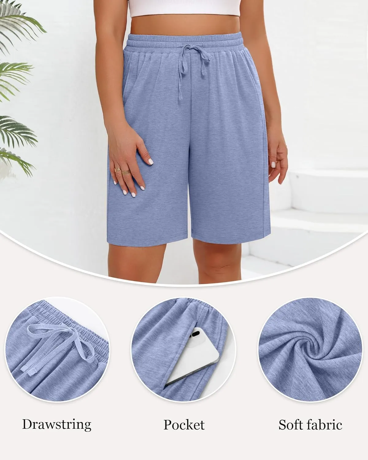 3 Pack Women's Plus Size Bermuda Shorts, Drawstring Elastic Waisted Bermuda Summer Casual Cotton Shorts with Pockets