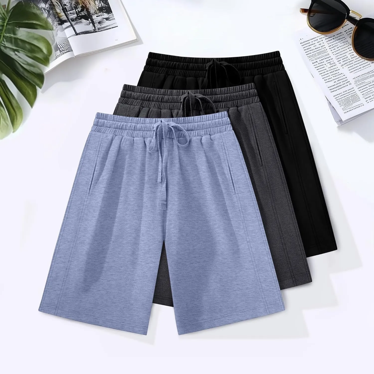 3 Pack Women's Plus Size Bermuda Shorts, Drawstring Elastic Waisted Bermuda Summer Casual Cotton Shorts with Pockets