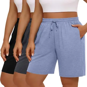 3 Pack Women's Plus Size Bermuda Shorts, Drawstring Elastic Waisted Bermuda Summer Casual Cotton Shorts with Pockets