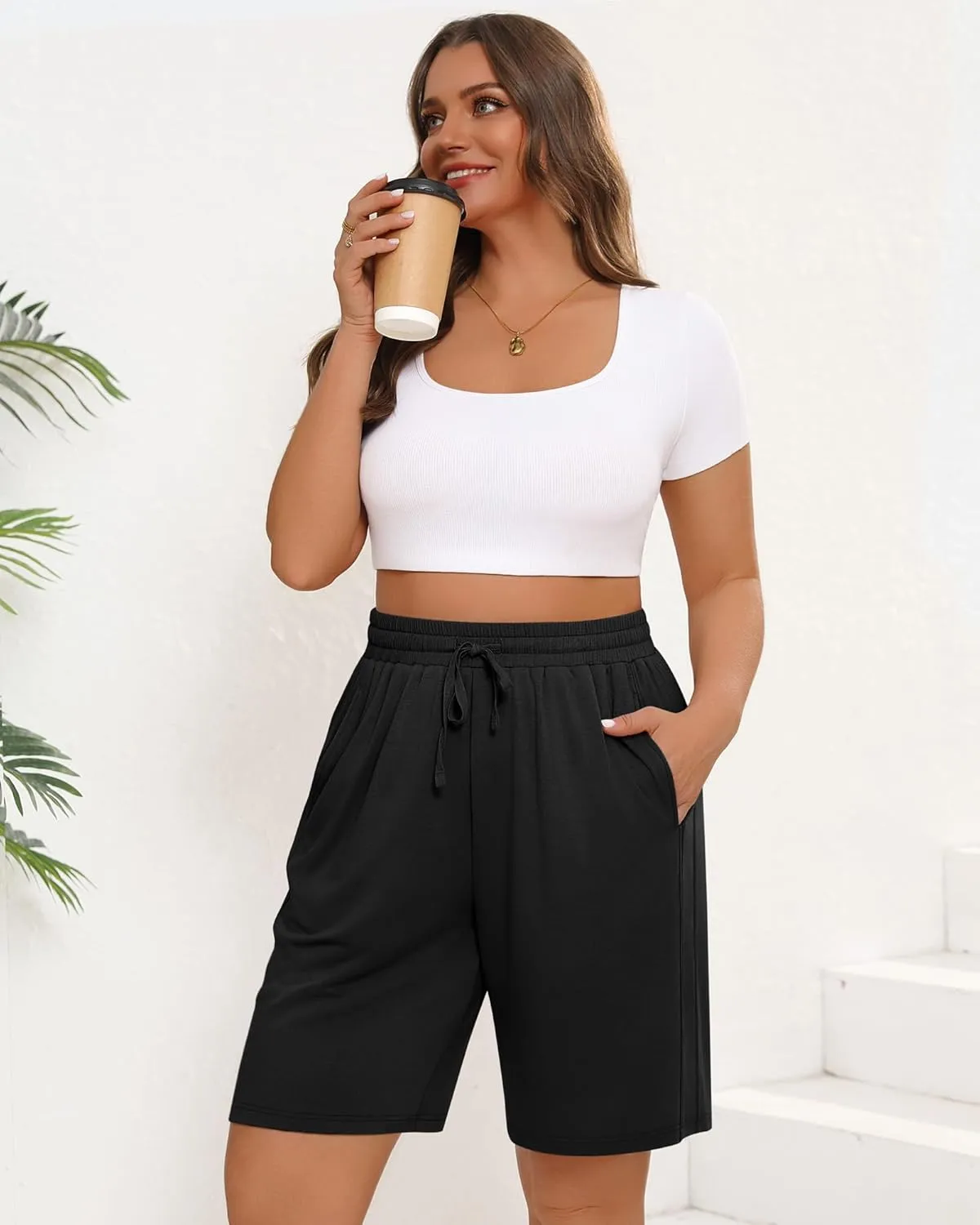 3 Pack Women's Plus Size Bermuda Shorts, Drawstring Elastic Waisted Bermuda Summer Casual Cotton Shorts with Pockets