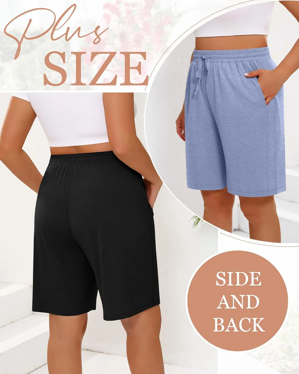 3 Pack Women's Plus Size Bermuda Shorts, Drawstring Elastic Waisted Bermuda Summer Casual Cotton Shorts with Pockets
