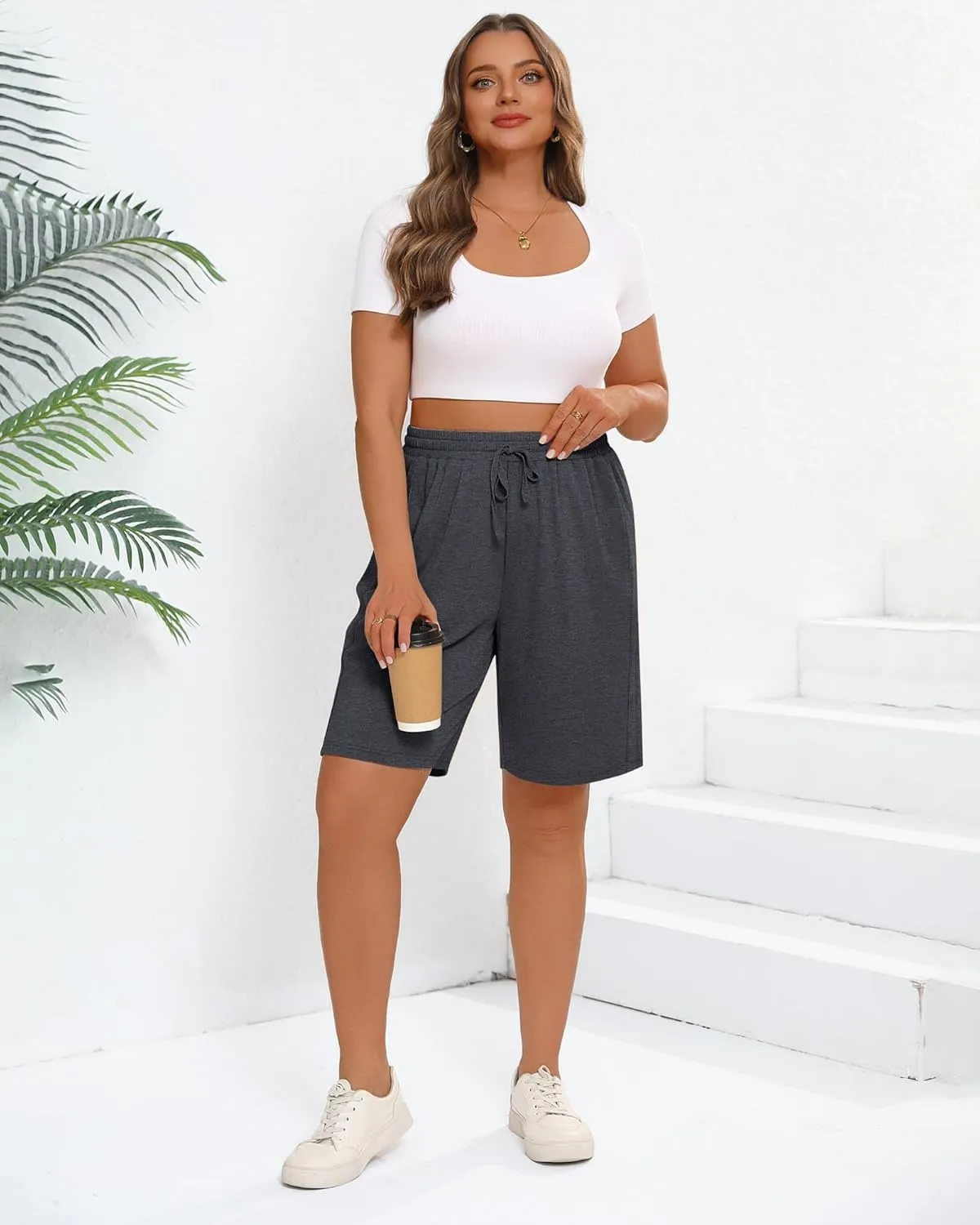 3 Pack Women's Plus Size Bermuda Shorts, Drawstring Elastic Waisted Bermuda Summer Casual Cotton Shorts with Pockets