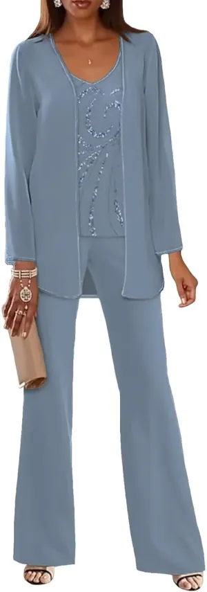 3 Piece Mother of The Bride Pantsuits for Wedding Dressy Chiffon Beaded Formal Evening Gown with Jacket Outfit PS006