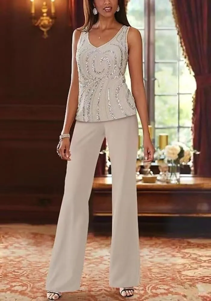 3 Piece Mother of The Bride Pantsuits for Wedding Dressy Chiffon Beaded Formal Evening Gown with Jacket Outfit PS006