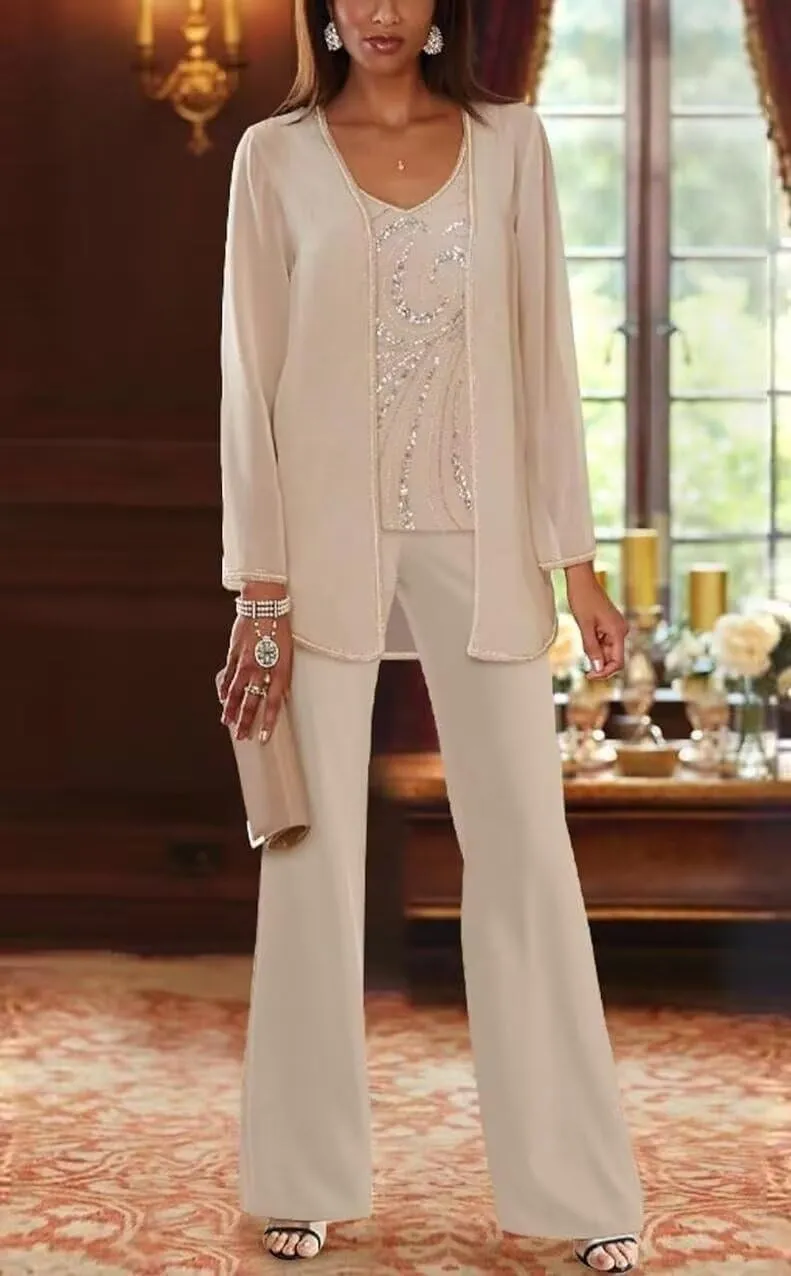 3 Piece Mother of The Bride Pantsuits for Wedding Dressy Chiffon Beaded Formal Evening Gown with Jacket Outfit PS006