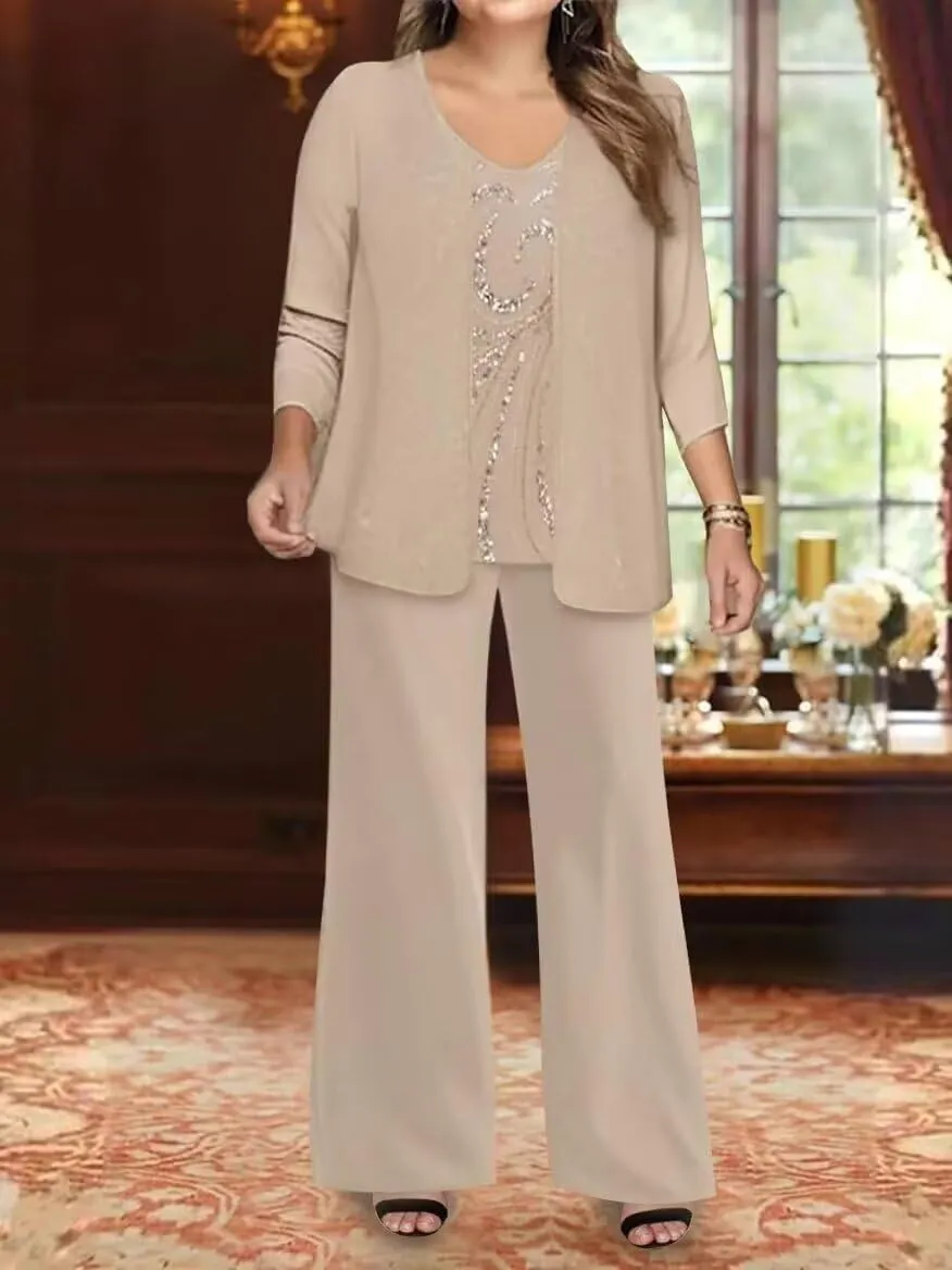 3 Piece Mother of The Bride Pantsuits for Wedding Dressy Chiffon Beaded Formal Evening Gown with Jacket Outfit PS006