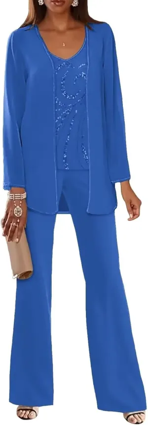3 Piece Mother of The Bride Pantsuits for Wedding Dressy Chiffon Beaded Formal Evening Gown with Jacket Outfit PS006
