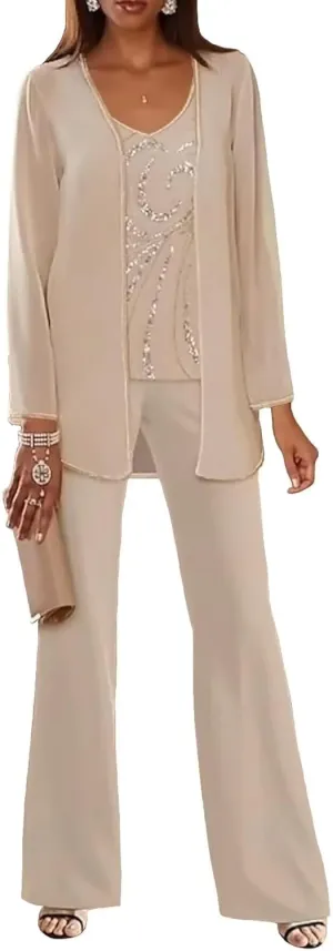 3 Piece Mother of The Bride Pantsuits for Wedding Dressy Chiffon Beaded Formal Evening Gown with Jacket Outfit PS006