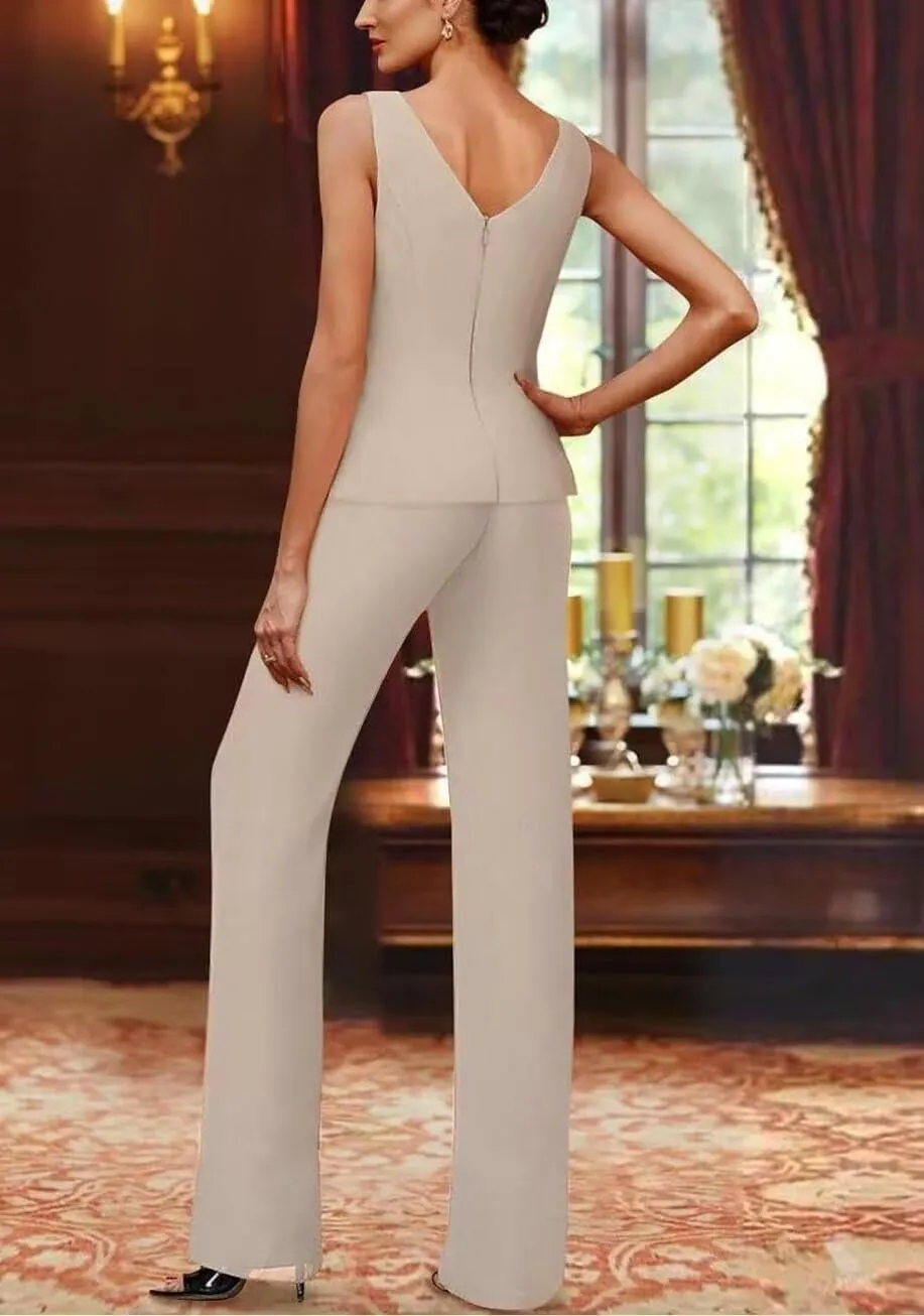 3 Piece Mother of The Bride Pantsuits for Wedding Dressy Chiffon Beaded Formal Evening Gown with Jacket Outfit PS006