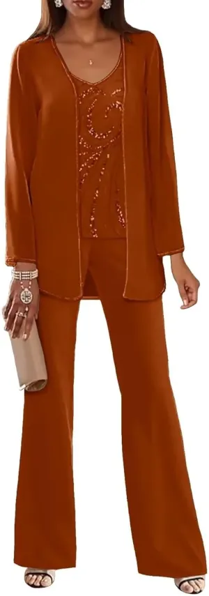 3 Piece Mother of The Bride Pantsuits for Wedding Dressy Chiffon Beaded Formal Evening Gown with Jacket Outfit PS006