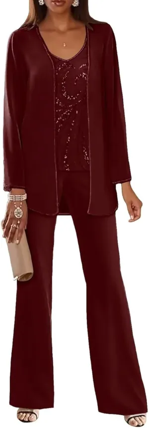 3 Piece Mother of The Bride Pantsuits for Wedding Dressy Chiffon Beaded Formal Evening Gown with Jacket Outfit PS006