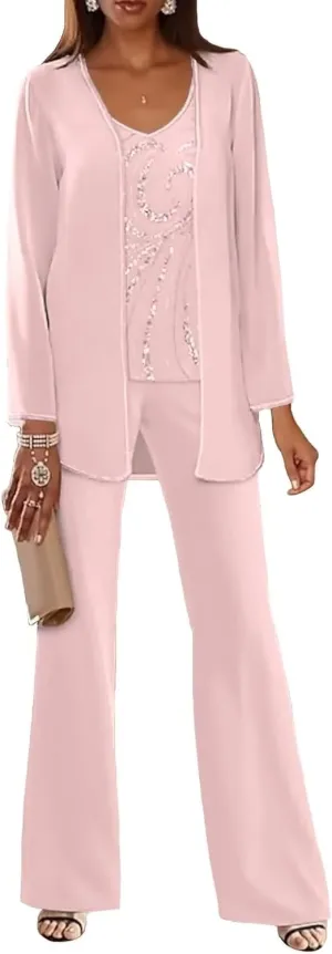 3 Piece Mother of The Bride Pantsuits for Wedding Dressy Chiffon Beaded Formal Evening Gown with Jacket Outfit PS006