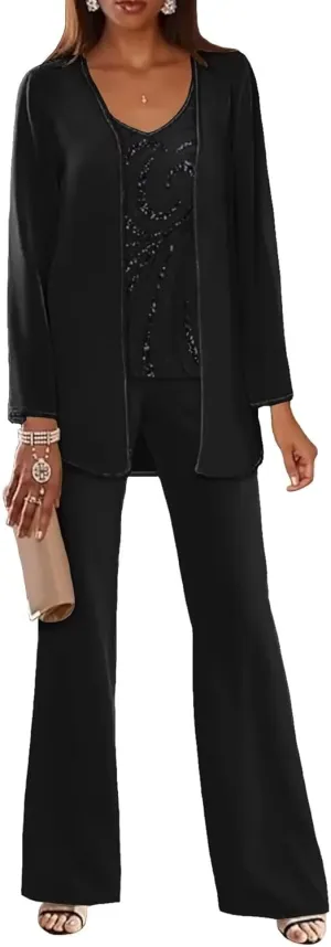 3 Piece Mother of The Bride Pantsuits for Wedding Dressy Chiffon Beaded Formal Evening Gown with Jacket Outfit PS006