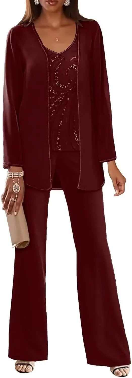 3 Piece Mother of The Bride Pantsuits for Wedding Dressy Chiffon Beaded Formal Evening Gown with Jacket Outfit PS006