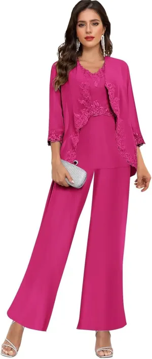 3 Piece Mother of The Bride Pantsuits for Women Wedding Beaded Lace Formal Outfits with Jacket PS005