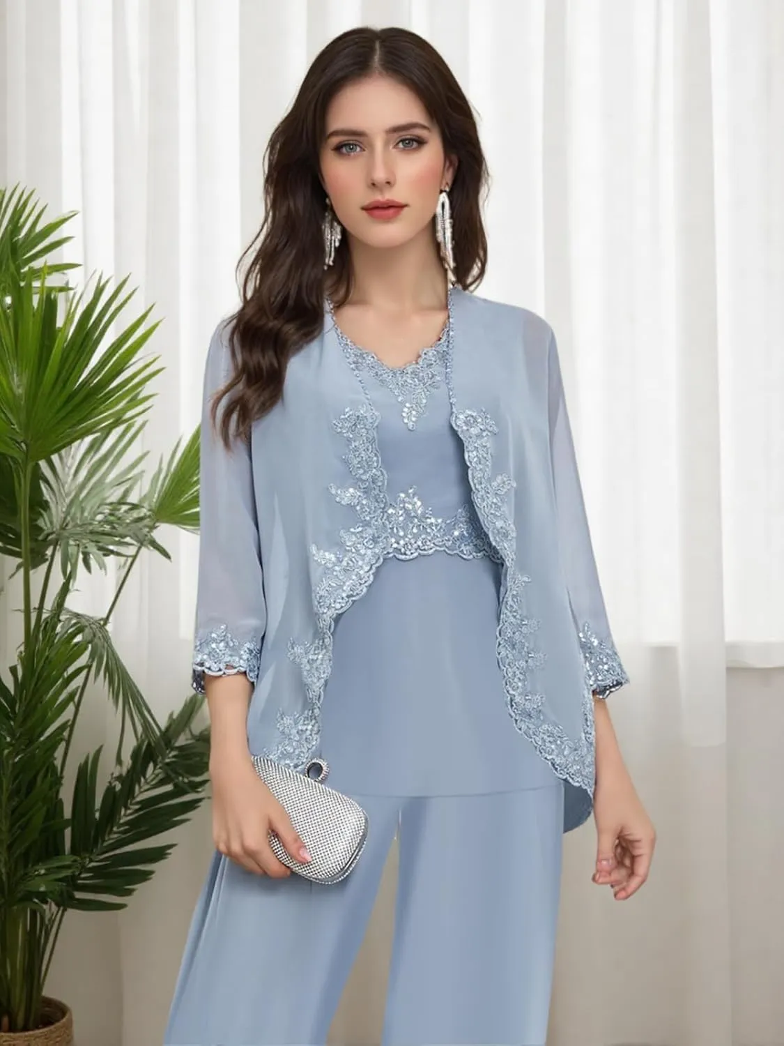 3 Piece Mother of The Bride Pantsuits for Women Wedding Beaded Lace Formal Outfits with Jacket PS005