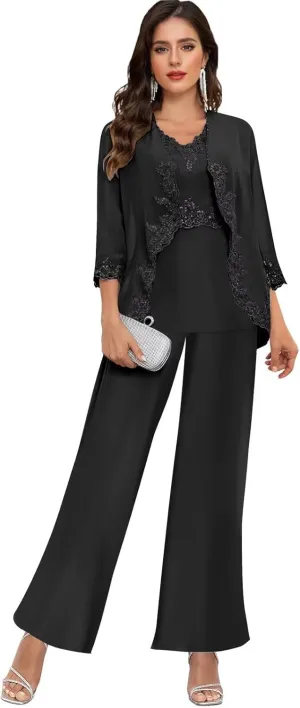 3 Piece Mother of The Bride Pantsuits for Women Wedding Beaded Lace Formal Outfits with Jacket PS005