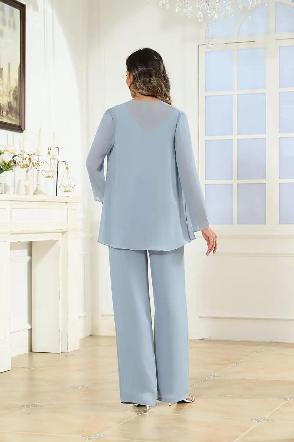 3 Pieces Mother of The Bride Pant Suits for Wedding Lace Long Sleeve Chiffon Formal Evening Outfits with Jacket