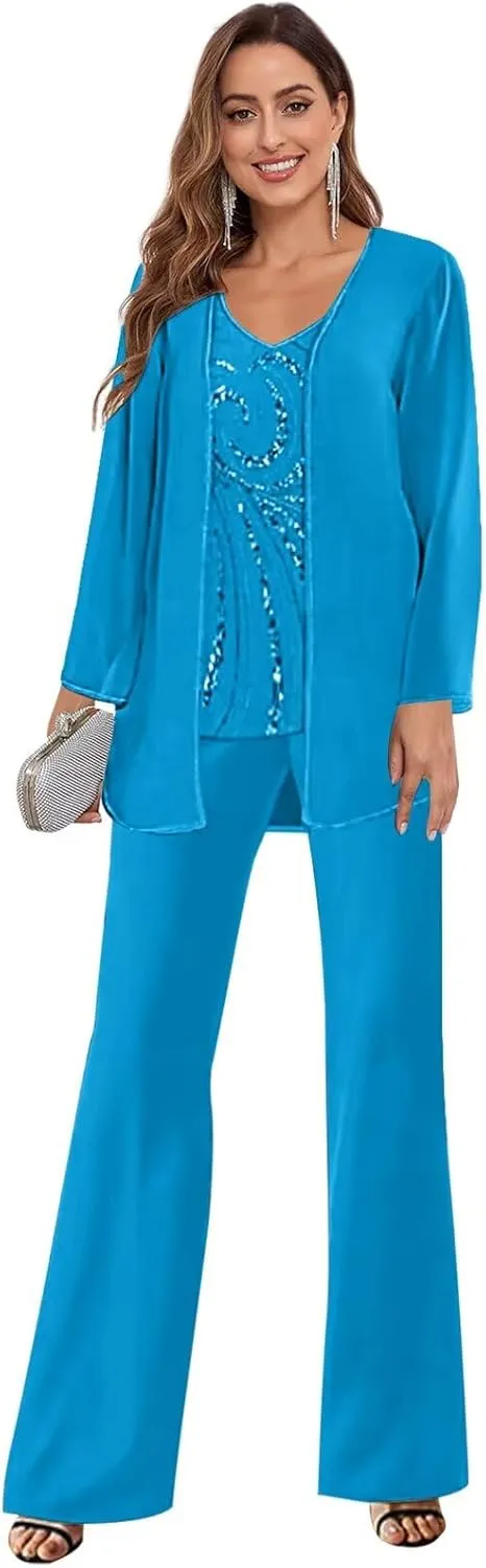 3 Pieces Mother of The Bride Pant Suits for Wedding Lace Long Sleeve Chiffon Formal Evening Outfits with Jacket