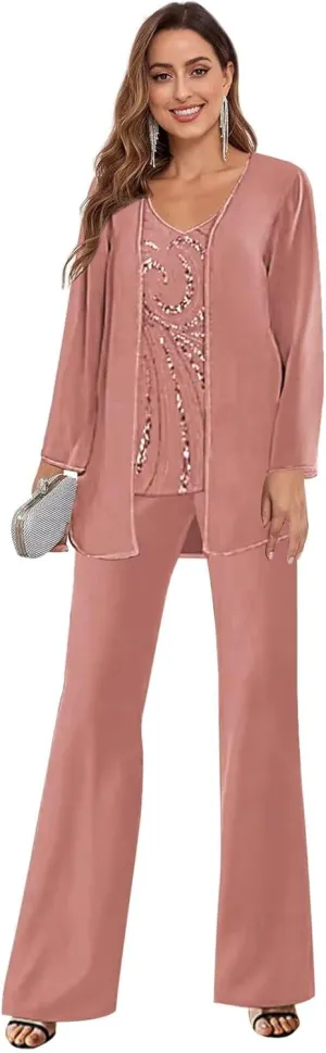 3 Pieces Mother of The Bride Pant Suits for Wedding Lace Long Sleeve Chiffon Formal Evening Outfits with Jacket