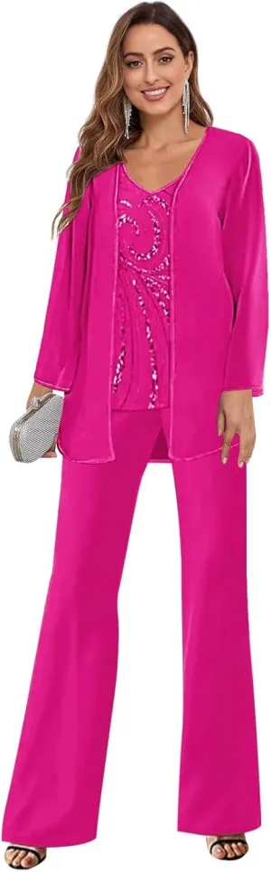 3 Pieces Mother of The Bride Pant Suits for Wedding Lace Long Sleeve Chiffon Formal Evening Outfits with Jacket