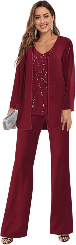 3 Pieces Mother of The Bride Pant Suits for Wedding Lace Long Sleeve Chiffon Formal Evening Outfits with Jacket