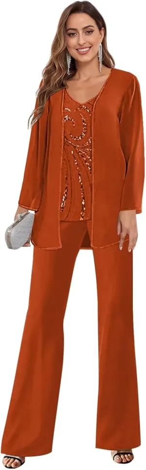 3 Pieces Mother of The Bride Pant Suits for Wedding Lace Long Sleeve Chiffon Formal Evening Outfits with Jacket